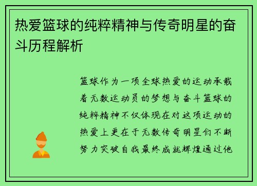 热爱篮球的纯粹精神与传奇明星的奋斗历程解析